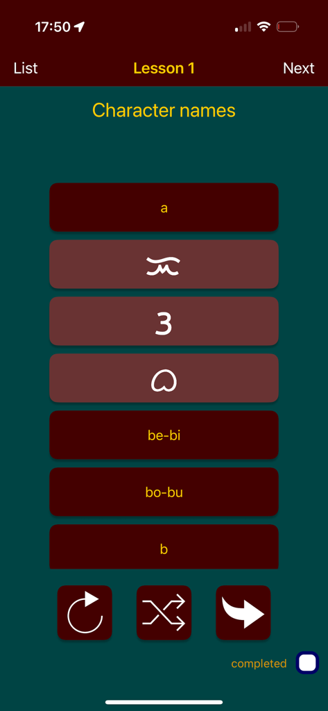 Lesson 1 character names screen in the Tagalog Baybayin Now app showing script symbols and phonetic translations