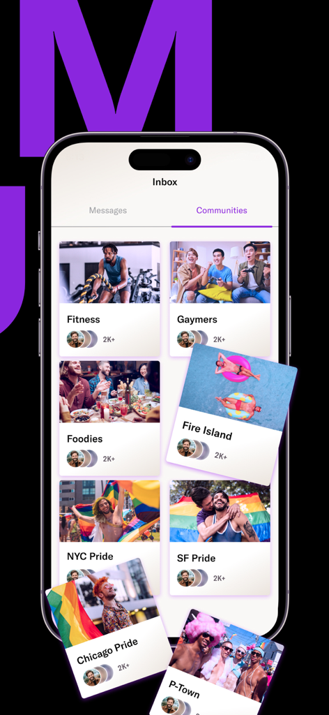Interface of the Archer gay dating app showing interest based community groups like Fitness Gaymers and Foodies