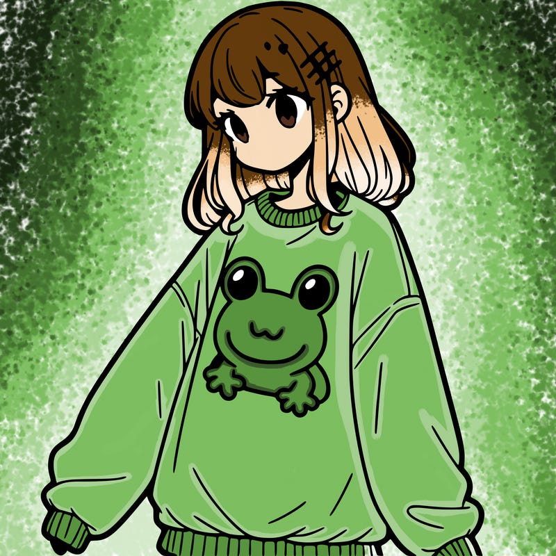 girl wearing frogging sweatshirt