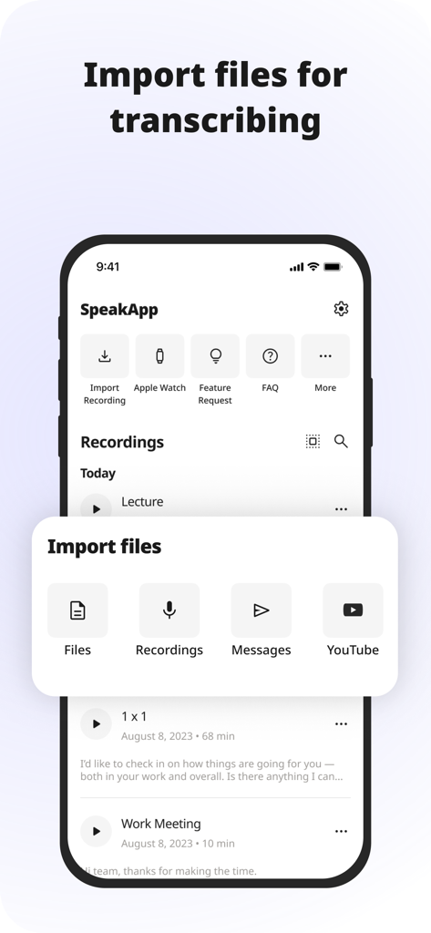 Interfaz de SpeakApp AI mostrando opciones para importar archivos, grabaciones, mensajes y videos de YouTube para transcripción.