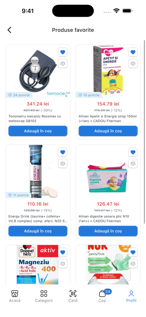 Favorite products screen in Farmacie.md app showing various health supplements and medical devices