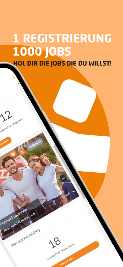 easystaff App - Smartphone displaying the easystaff app with a festival promotion job listing and a headline about 1000 jobs available after one registration.