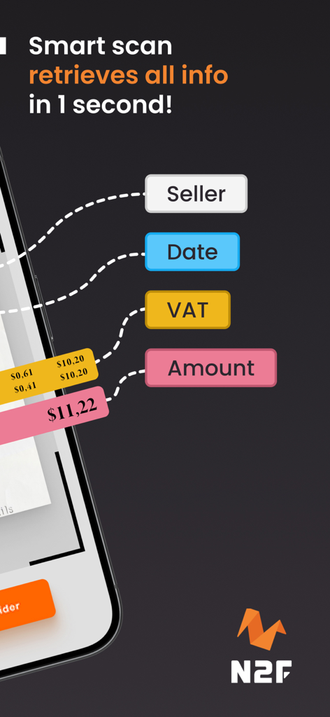 N2F - expense report & mileage - N2F mobile app smart scan feature extracting merchant date tax and amount from a receipt