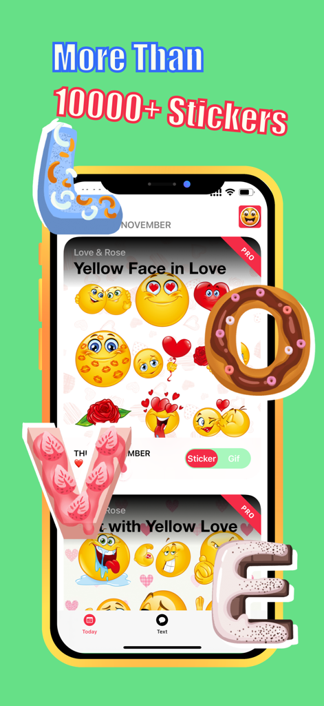 Daily Stickers and Gif app showing a library of over 10000 love themed emoji stickers