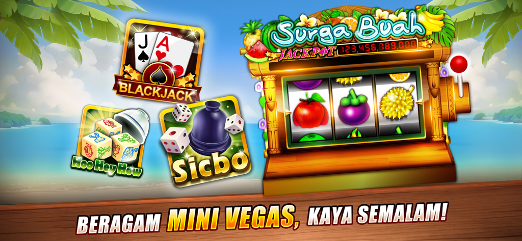 Luxy Domino Gaple QiuQiu Poker - Screenshot of Luxy Domino app showing various mini games including fruit slots blackjack sicbo and hoo hey how with a tropical beach background
