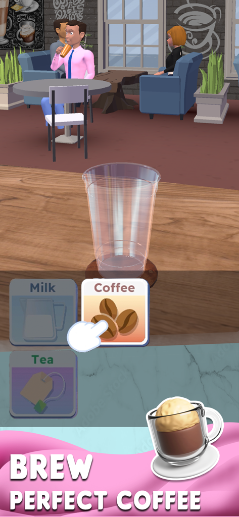 Perfect Coffee 3D - Schermata del gioco di simulazione di barista che mostra una tazza vuota sul bancone e un'interfaccia per selezionare i chicchi di caffè da tostare.