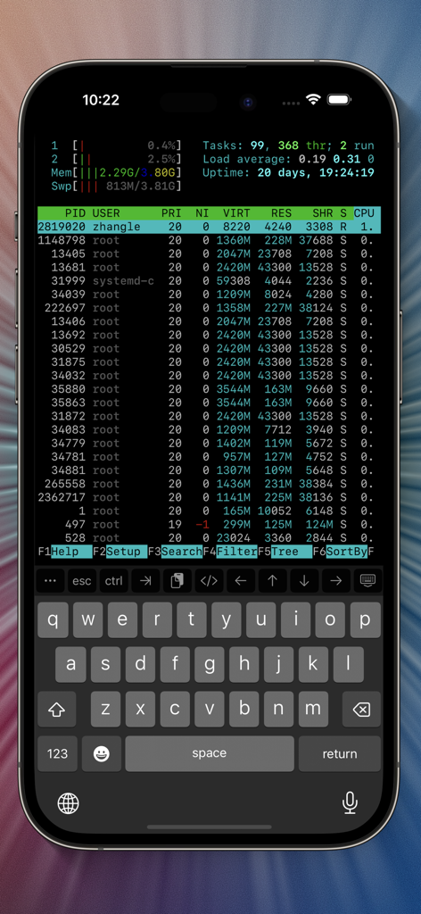 TermBean - SSH SFTP Client - iPhone screen showing TermBean SSH client running a system process monitor with CPU and memory usage statistics