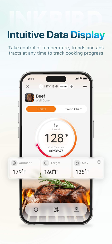 INKBIRD - INKBIRD app showing internal beef temperature and cooking progress tracking.