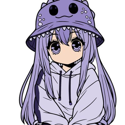 girl with anime shaped eyes with a dinosaur bucket hat oversized sweatshirt long straight hair