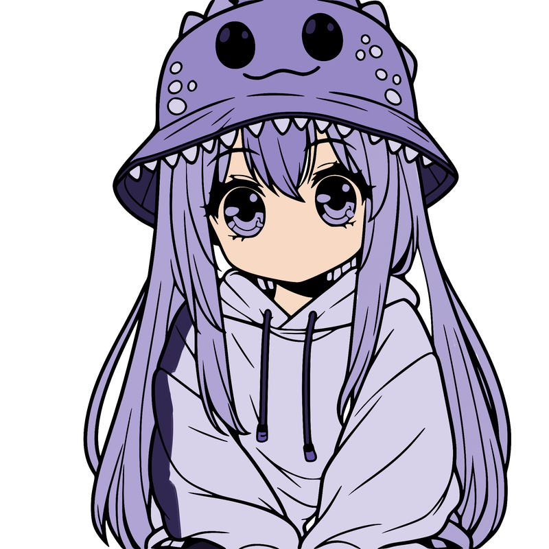 girl with anime shaped eyes with a dinosaur bucket hat oversized sweatshirt long straight hair