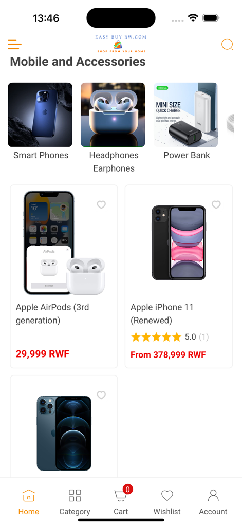 Easybuy Rw - Easybuy Rw app interface showing the Mobile and Accessories category with iPhone and AirPods product listings.