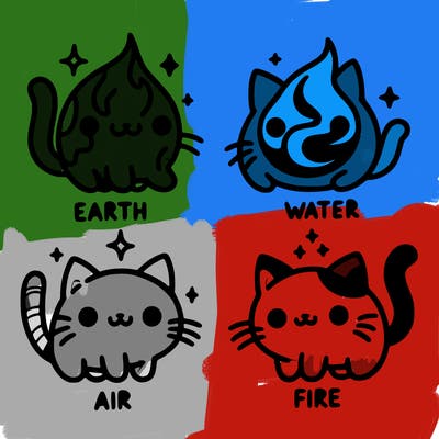 4 cats that represent the different elements, earth, water, air, and fire