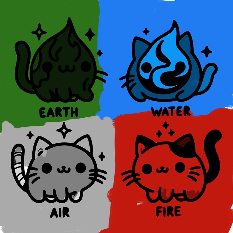 4 cats that represent the different elements, earth, water, air, and fire