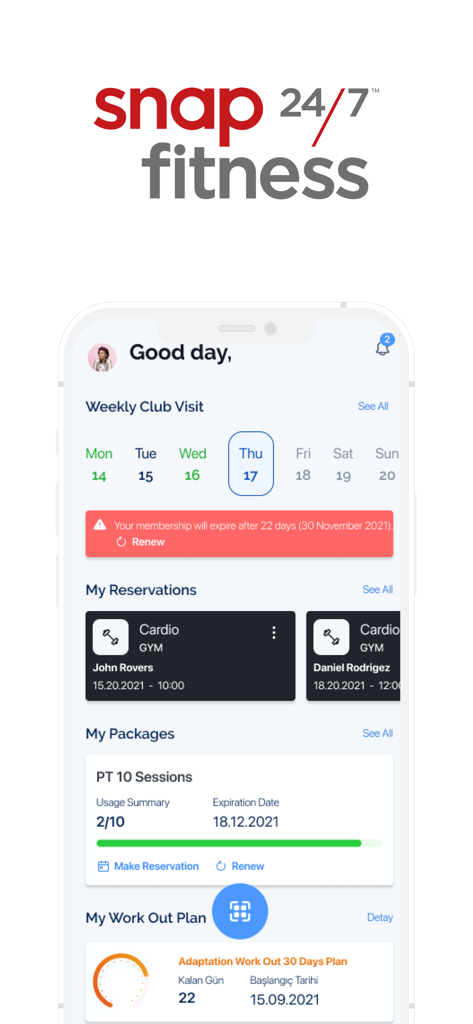 Snap Fitness - Snap Fitness 모바일 앱 인터페이스로 주간 클럽 방문, 멤버십 갱신 상태 및 운동 계획을 보여주는 사용자 대시보드 표시
