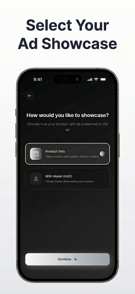 Adify AI - AI Ad Generator - A mobile screen from the Adify AI app showing the ad showcase selection where users can choose between product only or with model options.