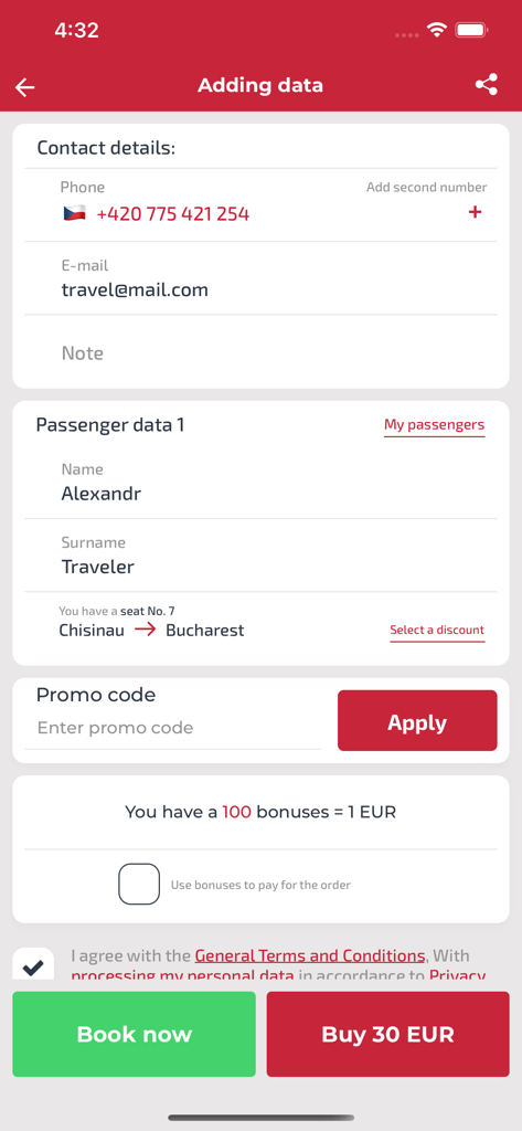 Mobile app screen for entering passenger details and booking a bus ticket from Chisinau to Bucharest