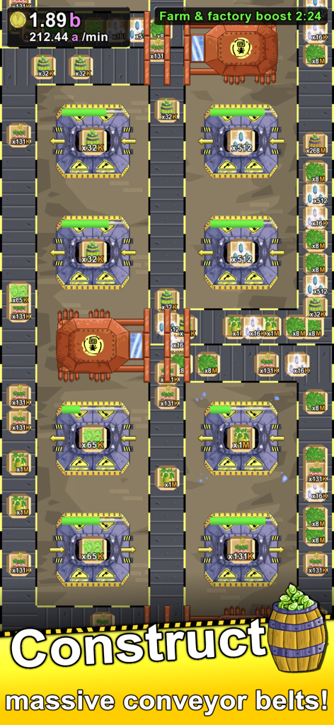 Leek Factory Tycoon - Top down view of a leek factory showing automated conveyor belts and processing machines