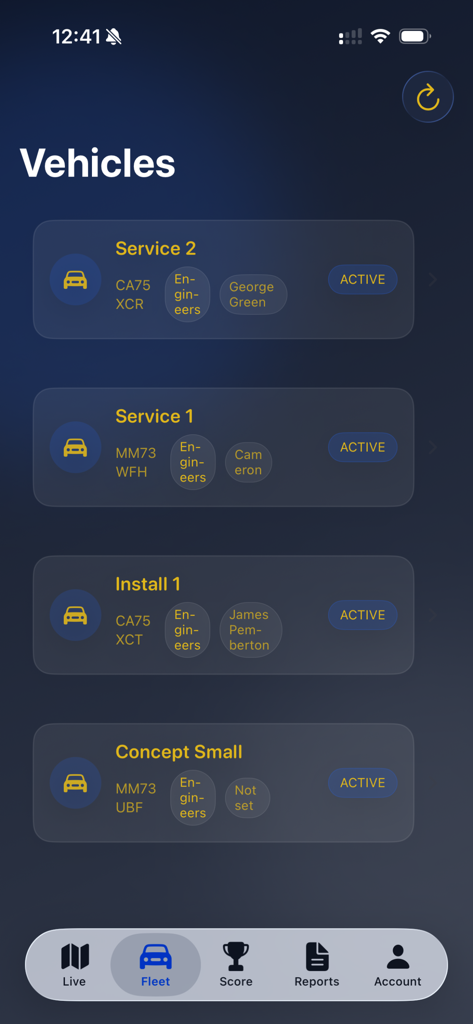 Fleet dashboard view showing active service vehicles and assigned drivers