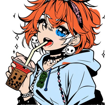 hot baddie anime girl drinking boba and biting the straw