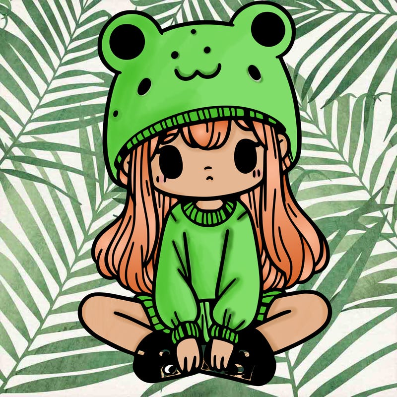 a girl wearing a frog hat and some frog socks