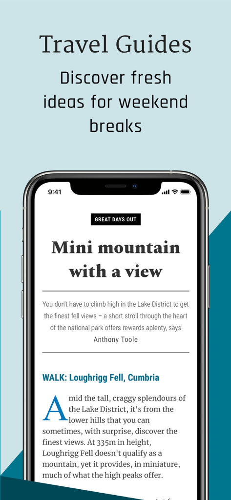 BBC Countryfile Magazine - Screenshot of BBC Countryfile Magazine app showing travel guides and an article about walking in the Lake District.