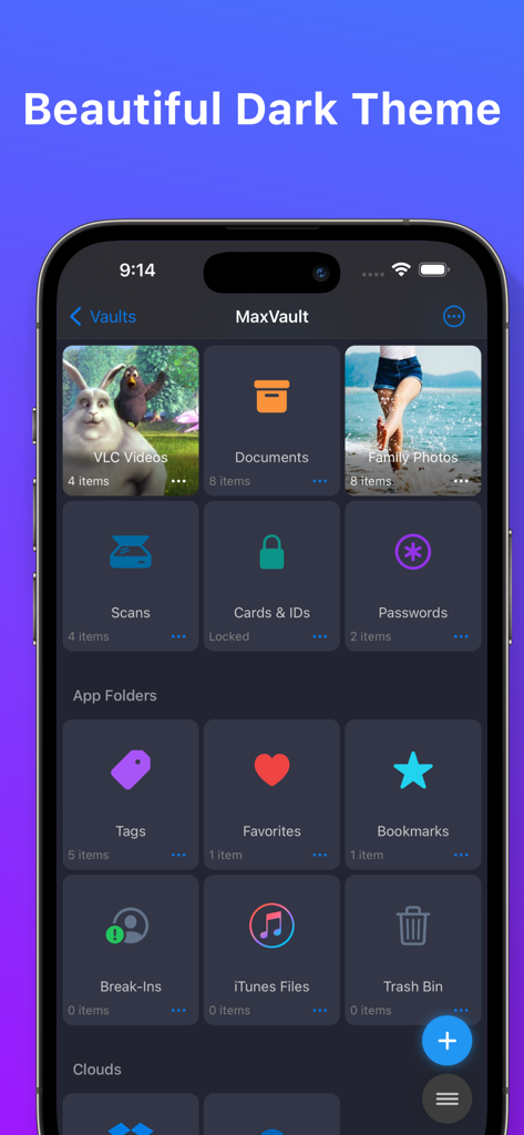 MaxVault - Photo & Video Vault - MaxVault app dashboard featuring a beautiful dark theme and organized secure folders for photos and documents.