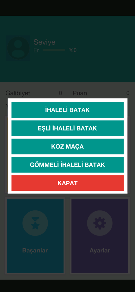 Batak card game menu screen with mode selection options
