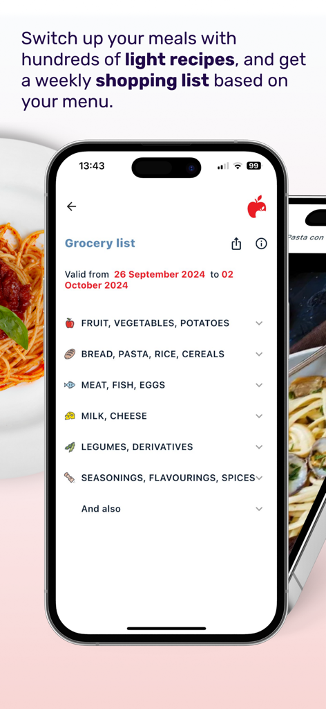 DietOne - DietOne app interface showing an organized weekly grocery list categorized by food types like fruit, vegetables, and proteins.