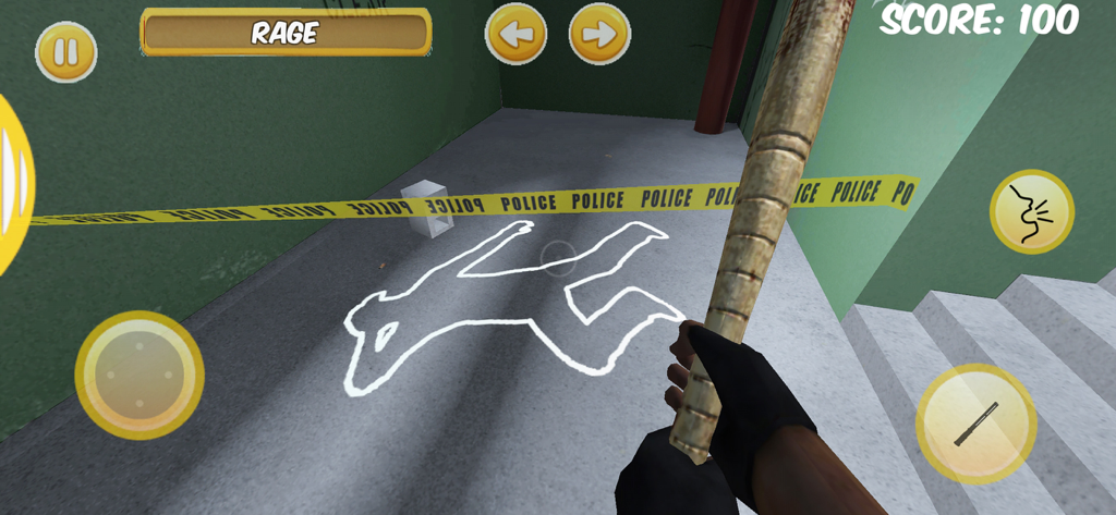 Neighbors OGの犯罪現場の一人称視点。チョーク線と警戒テープの近くでバットを持っているキャラクターが見える