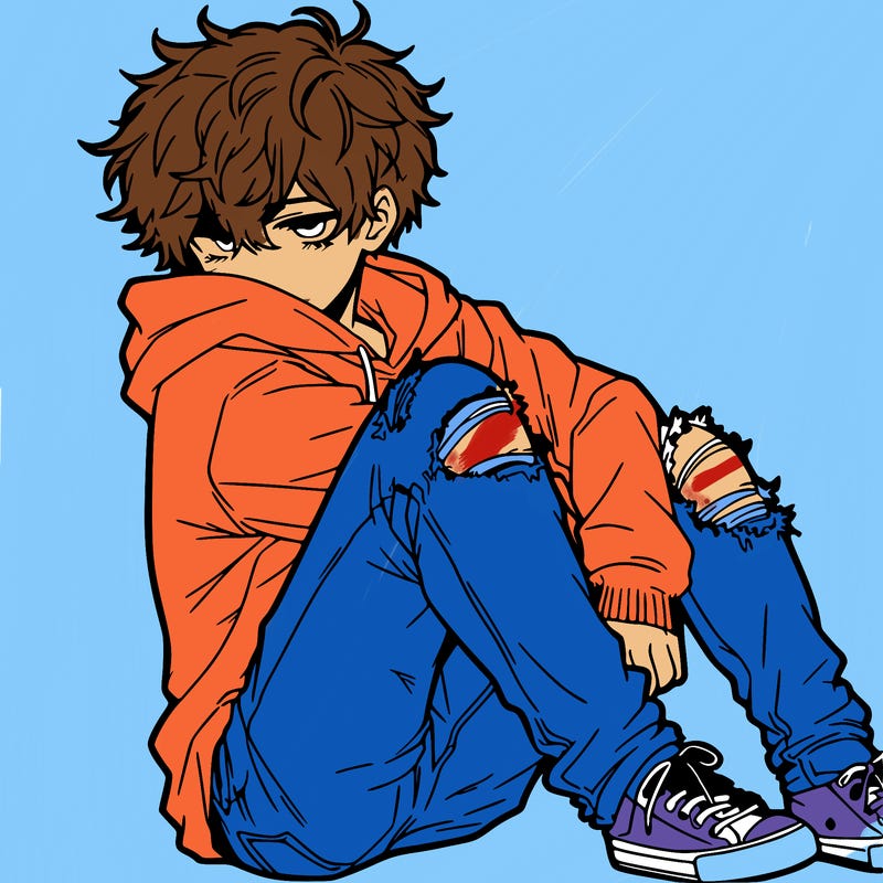 a male hoddie ripped jeans messy hair anime