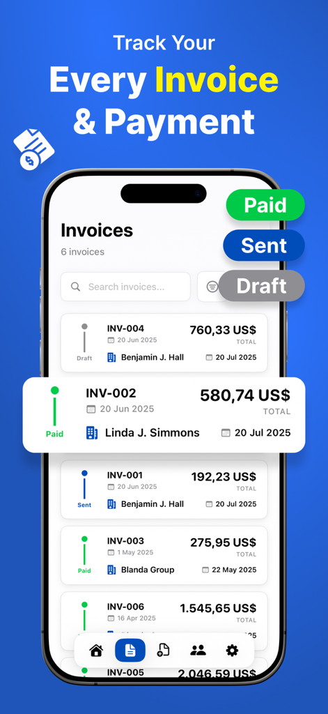 Invoice Maker & Quote - Simple - Mobile app interface showing a list of invoices with status labels for Paid, Sent, and Draft