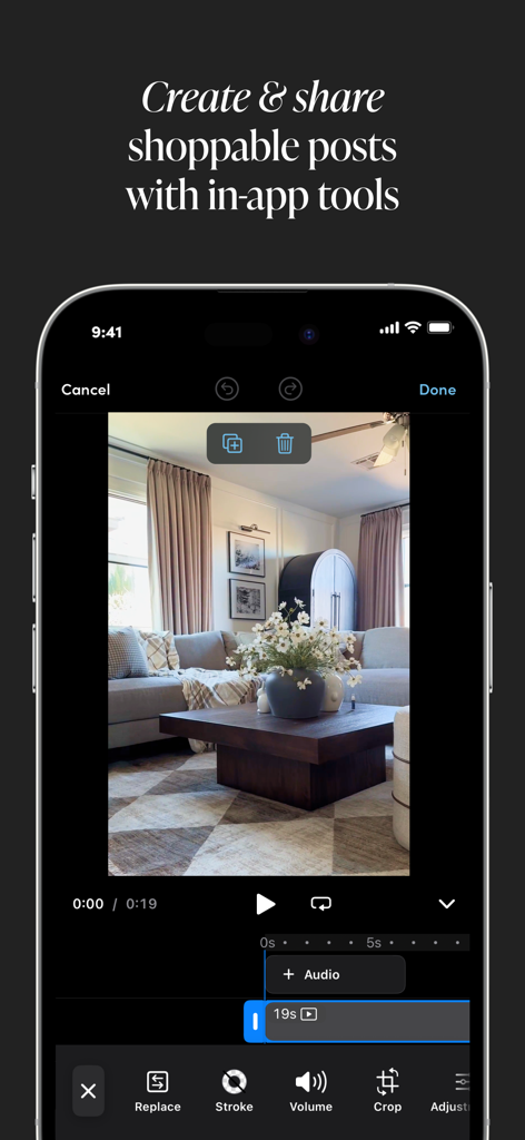 LTK Creator: Monetize Content - Smartphone screen showing LTK Creator app video editing tools for shoppable lifestyle posts.