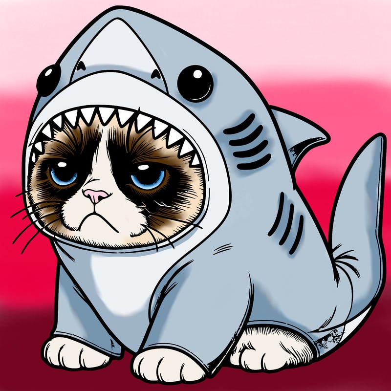 a realistic grumpy cat wearing a cute shark costume