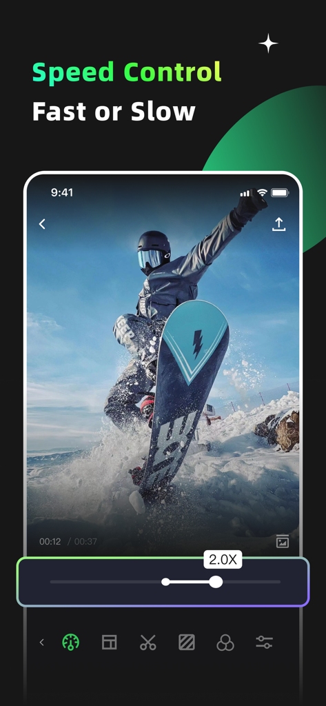 GIF Maker & Editor Pro - Mobile app interface showing speed adjustment feature for video to GIF conversion with a snowboarder clip