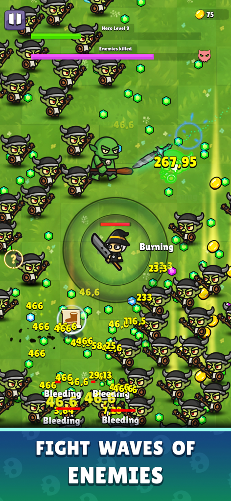 Rise of Necromancer - Jugabilidad de acción de un personaje nigromante luchando contra oleadas de enemigos goblin en un RPG 2D.