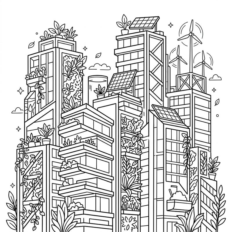 Immerse yourself in a vision of a sustainable future with this engaging green skyscrapers coloring page. Designed specifically for seniors, its clear lines and inspiring eco-friendly details offer a relaxing and stimulating creative experience.