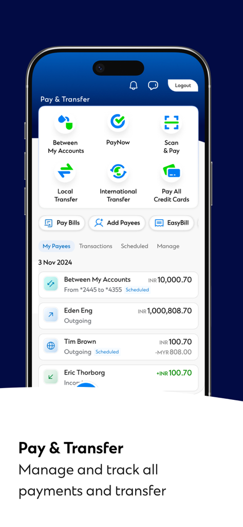 Pay and Transfer screen of the SC Mobile Singapore app showing payment options and transaction history