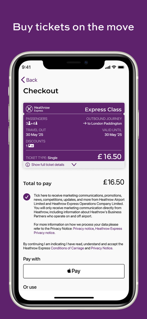 Heathrow Express app checkout screen showing ticket summary and Apple Pay payment button