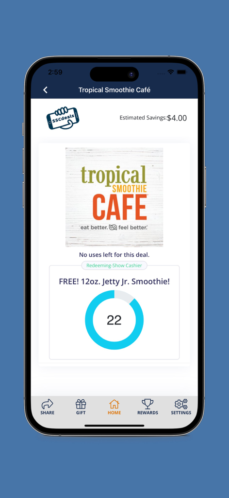Starving Student Card App - A mobile screen showing a free smoothie offer on the Starving Student Card app