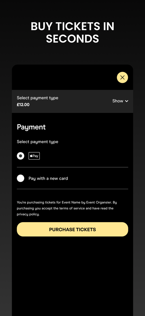 Slow Jams - The payment screen of the Slow Jams app showing options to buy event tickets using Apple Pay or a credit card