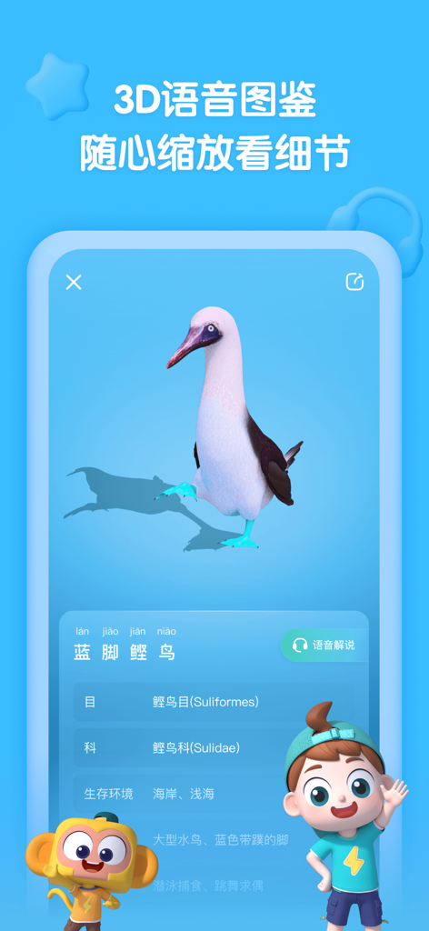 斑马百科 - Interactive 3D model of a Blue-footed Booby with educational facts in the Zebra Encyclopedia app.