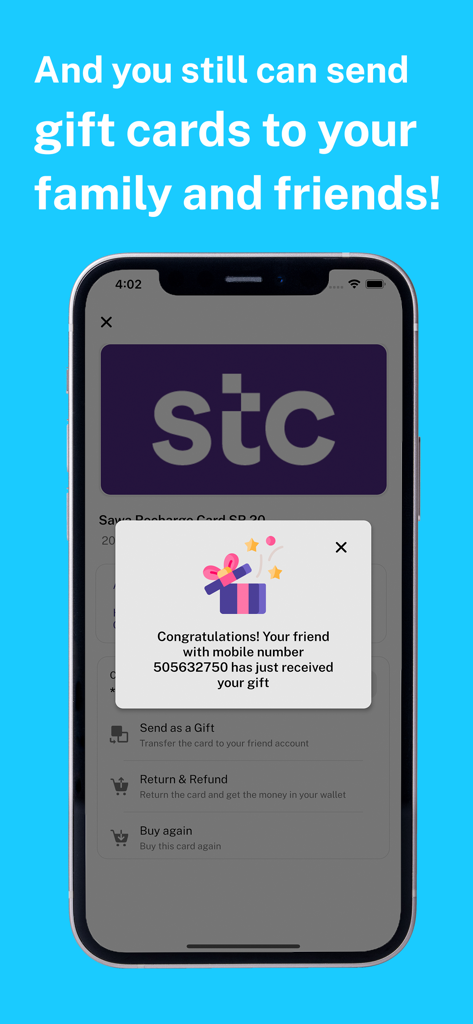 Rasseed App-Bildschirm zeigt eine erfolgreiche Bestätigungsnachricht für die Lieferung einer Geschenkkarte für eine STC-Karte