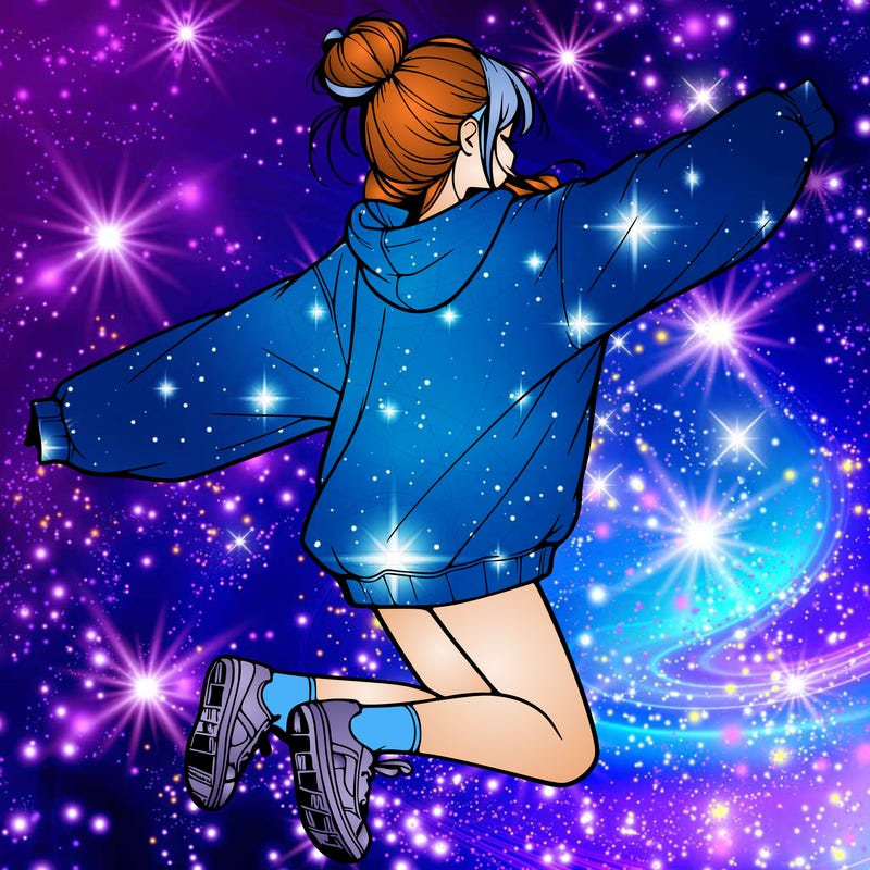 realistic girl jumping with a bun and oversized sweatshirt