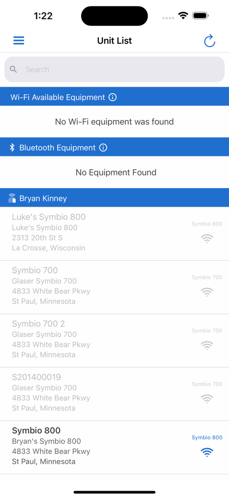 Symbio® Service & Installation - Interface of the Symbio Service and Installation app displaying a list of connected HVAC units