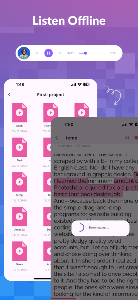 Crikk app screen showing the offline listening feature with a list of documents and a download status.