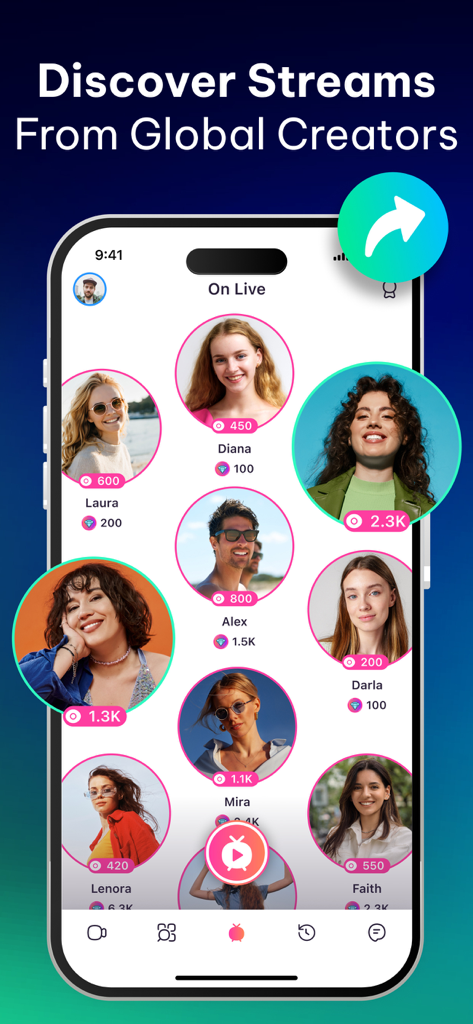 Nozy mobile app interface showing a grid of live video streams from global creators with viewer counts