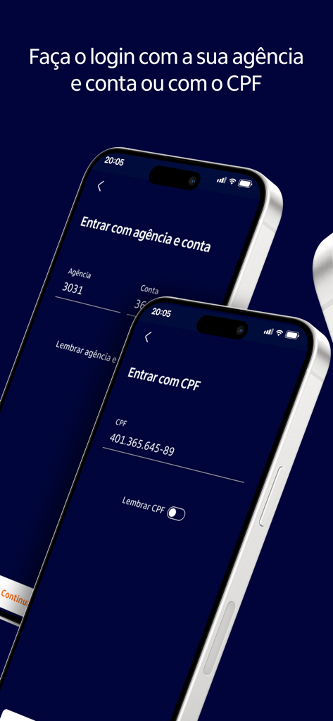 Interfaz de inicio de sesión de la aplicación Itaú Personnalité en dos iPhones mostrando opciones de inicio de sesión de cuenta y CPF