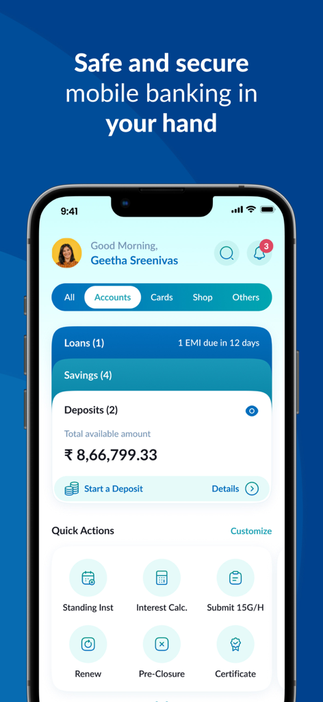 Dashboard of IOB Connect mobile banking app showing account balances and quick actions