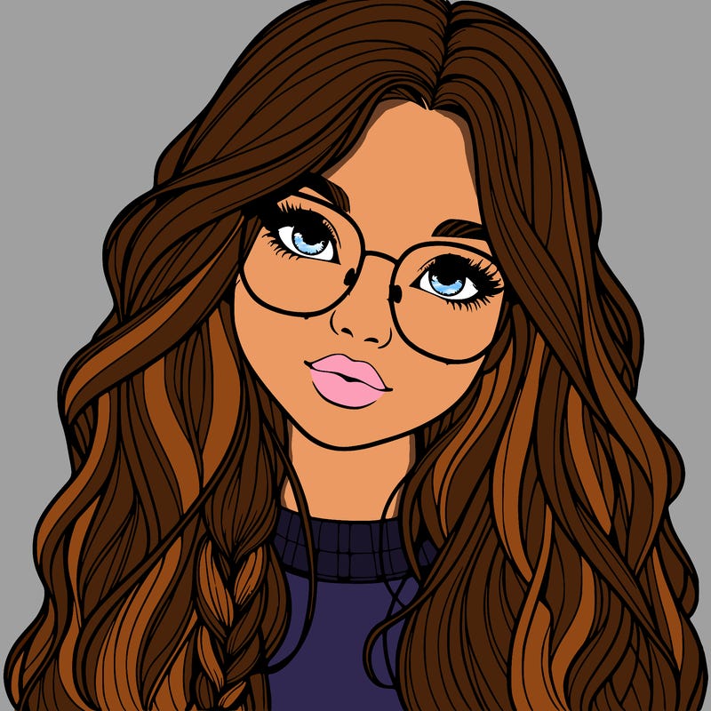 girl with long hair and freckles and glasses realistic