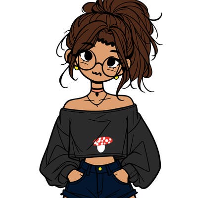 girl with a messy ponytail glasses a baggy crop top and jean shorts